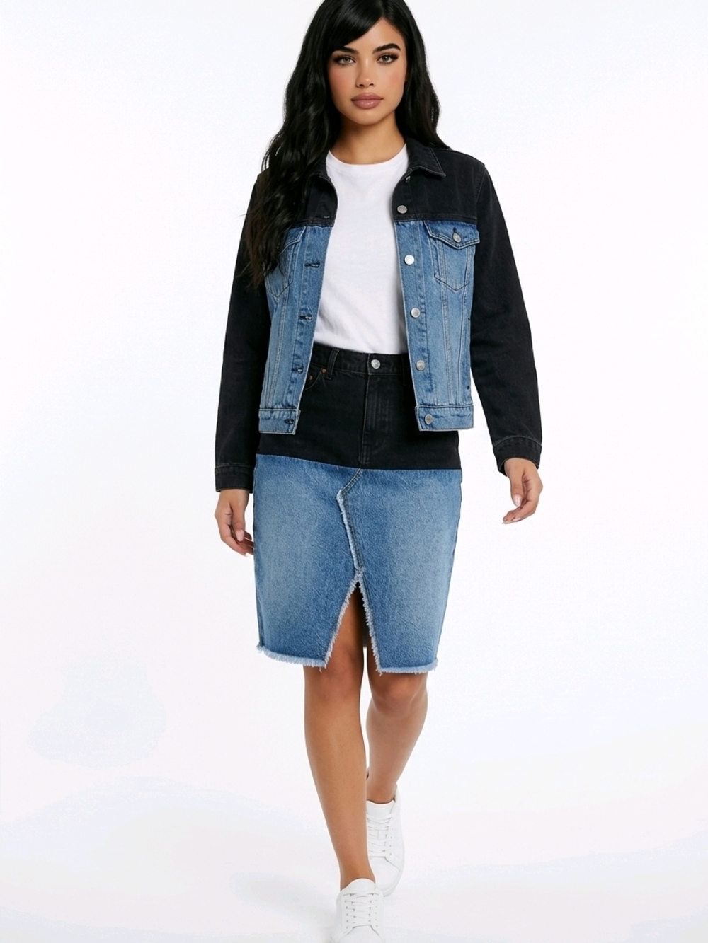 Two-Tone Blue Denim Midi Skirt with Front Center Split - Women's